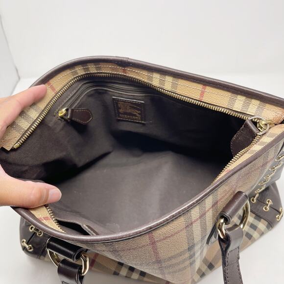 Burberry Brown Beige Haymarket Check Canvas Regent Grommet Tote Bag Double Strap - Picture 10 of 16